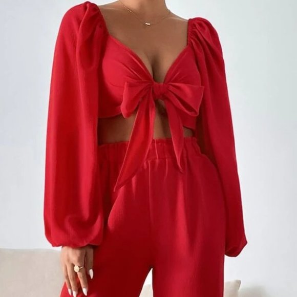 Coord Set Red Lantern long Sleeve Tie Front Crop Top & Wide Leg Pants - Picture 6 of 8